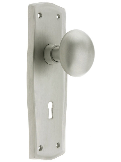 Prairie Design Mortise Lock Set With Round Brass Knobs in Satin Nickel.